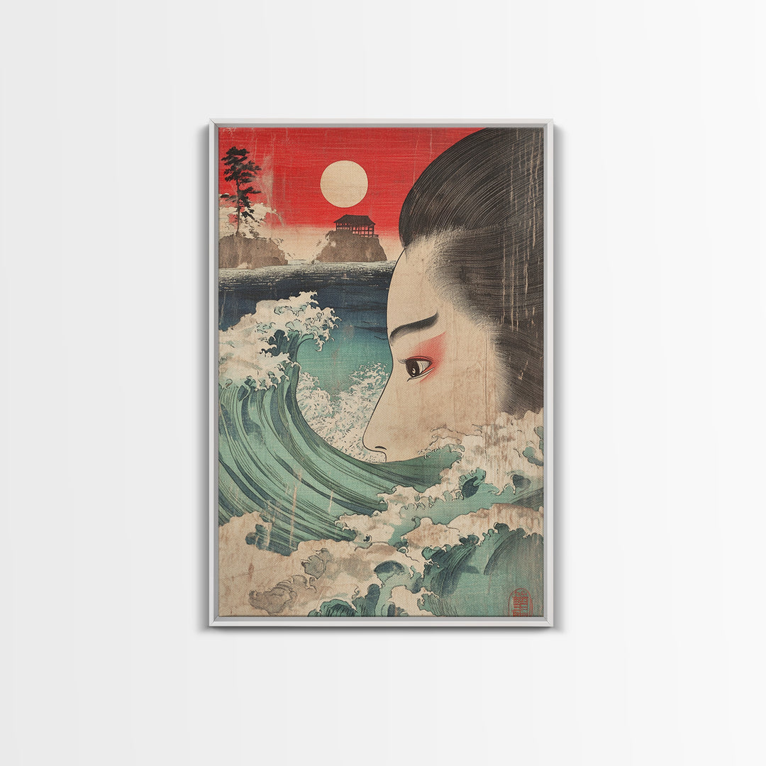 Ukiyo E Woman Face With Ocean Wave Canvas Print, Japanese Wall Art, Coastal Decor, Asian Inspired Art, Living Room Decor