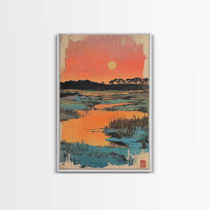 Serene Marsh Sunset Over Blue Wetlands Wall Art, Japanese Landscape Print, Nature Wall Decor, Coastal Home Decor, Zen Gift