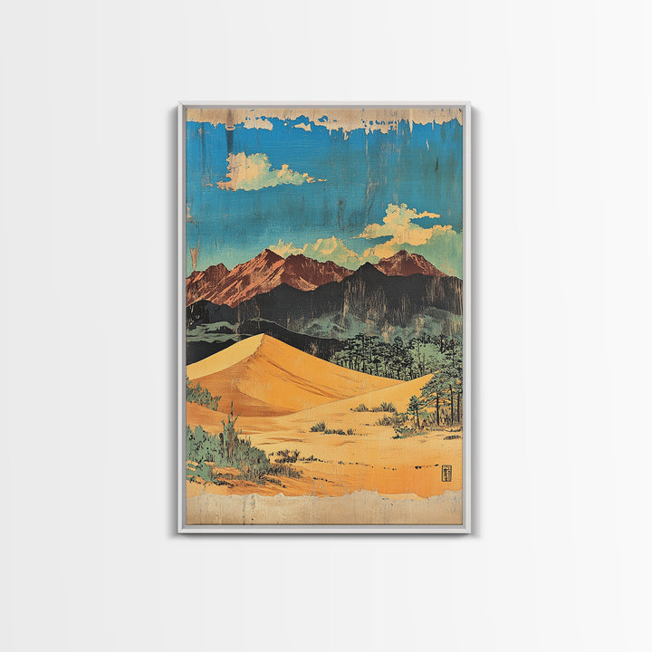 Golden Desert Dunes And Rugged Mountains Wall Art, Southwestern Landscape Print, Cactus Decor, Modern Western Home Decor