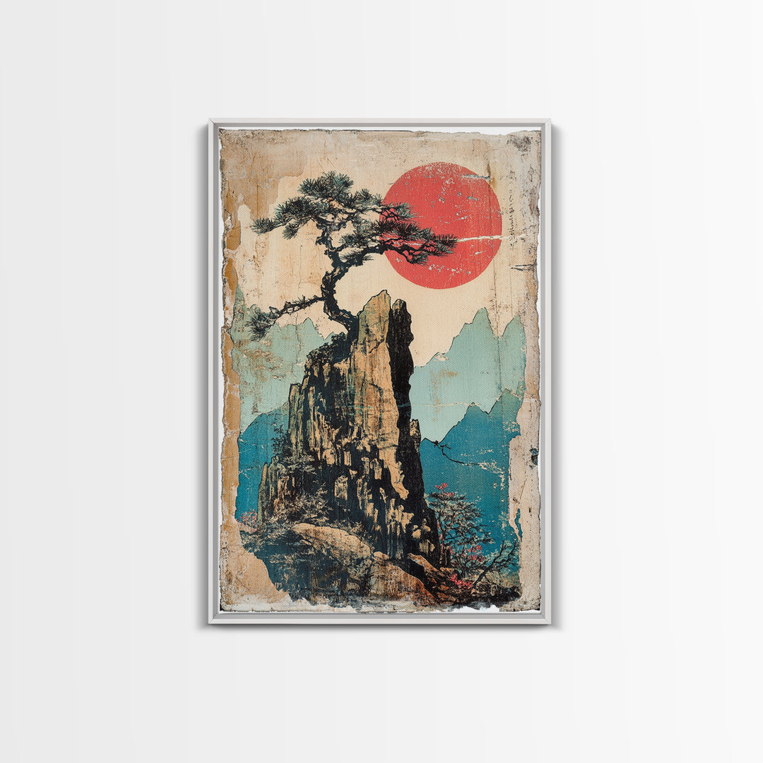 Lone Pine On Rocky Mountain Peak Canvas Print, Asian Landscape Wall Art, Japandi Decor, Nature Wall Decor, Zen Home Gift