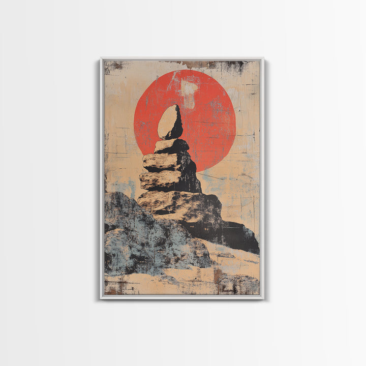 Balanced Zen Stones Before Red Sun Wall Art, Wabi Sabi Decor, Meditation Room Print, Minimalist Japanese Home Decor Gift