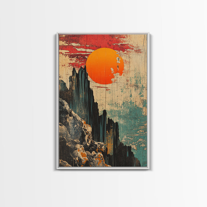 Dramatic Japanese Mountain Sun Canvas Print, Abstract Landscape Art, Modern Wall Decor, Japandi Wall Art, Living Room Decor