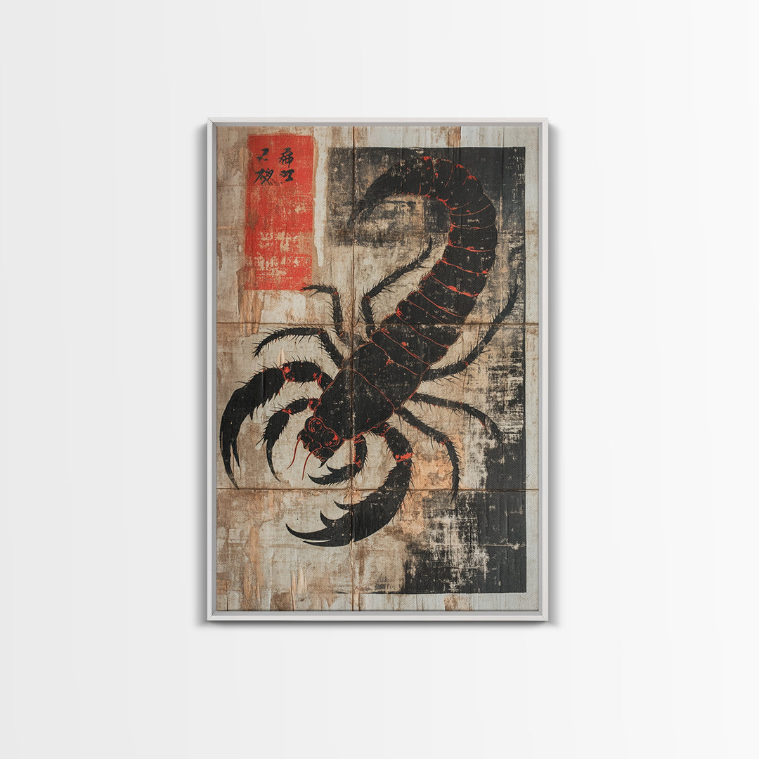Black Scorpion Japanese Framed Canvas Print, Gothic Wall Art, Dark Academia Decor, Animal Art Print, Unique Gift For Him