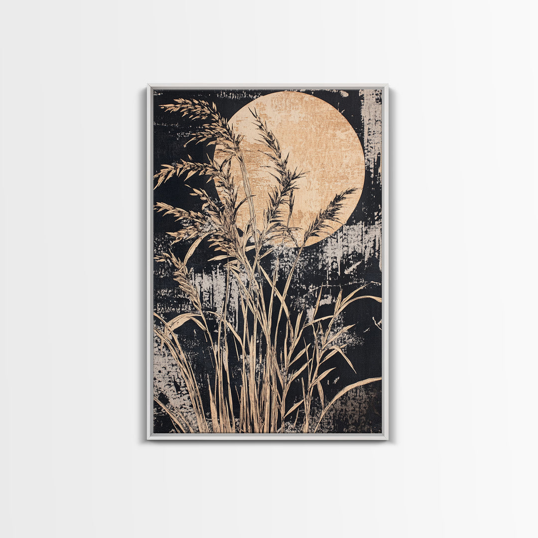 Moonlit Pampas Grass Canvas Print, Botanical Wall Art, Black And White Art, Neutral Wall Decor, Japandi Decor, Bedroom Art