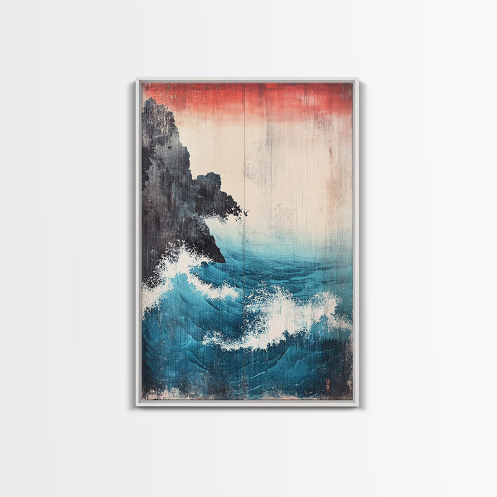 Dramatic Blue Wave And Cliff Canvas Print, Japanese Seascape Wall Decor, Coastal Ocean Art For Living Room Decor, Beach House Gift