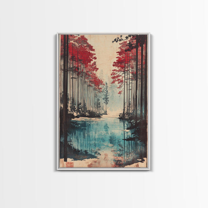 Red Pine Forest Lake Wall Art, Japanese Landscape Print, Moody Nature Wall Decor, Large Living Room Canvas Decor For Home