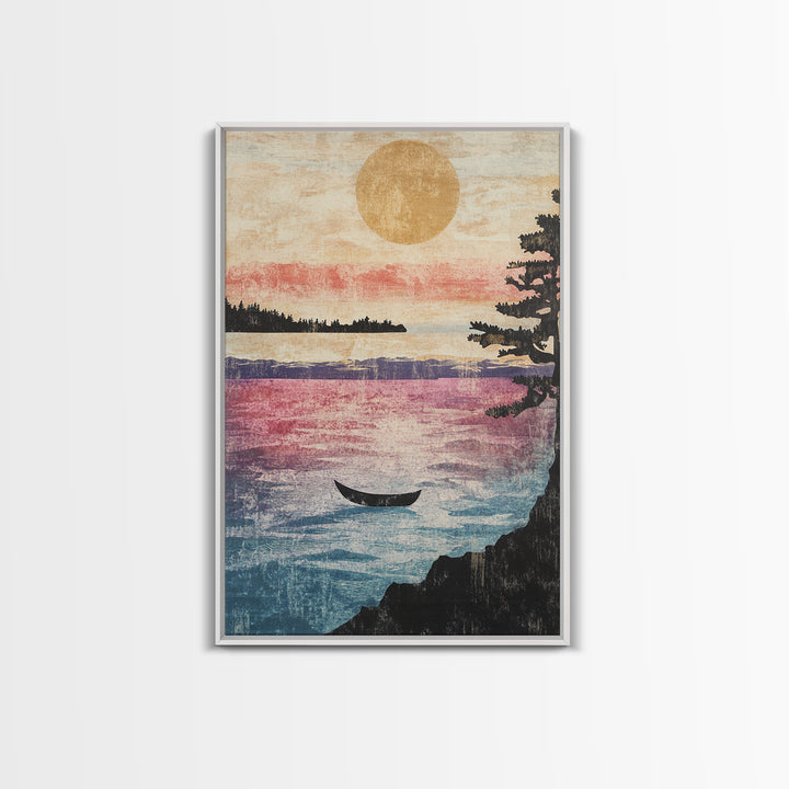 Golden Sunset Canoe On Quiet Lake Wall Art, Japandi Landscape Print, Coastal Cabin Decor, Serene Living Room Canvas Home Decor