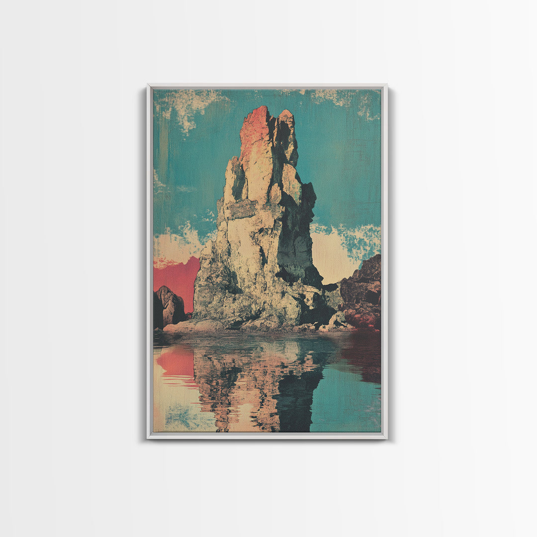 Turquoise Sea Stack Island At Sunset Wall Art, Retro Coastal Landscape Print, Ocean Rock Nature Decor, Modern Beach House
