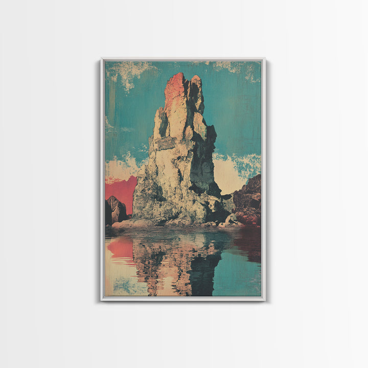 Turquoise Sea Stack Island At Sunset Wall Art, Retro Coastal Landscape Print, Ocean Rock Nature Decor, Modern Beach House