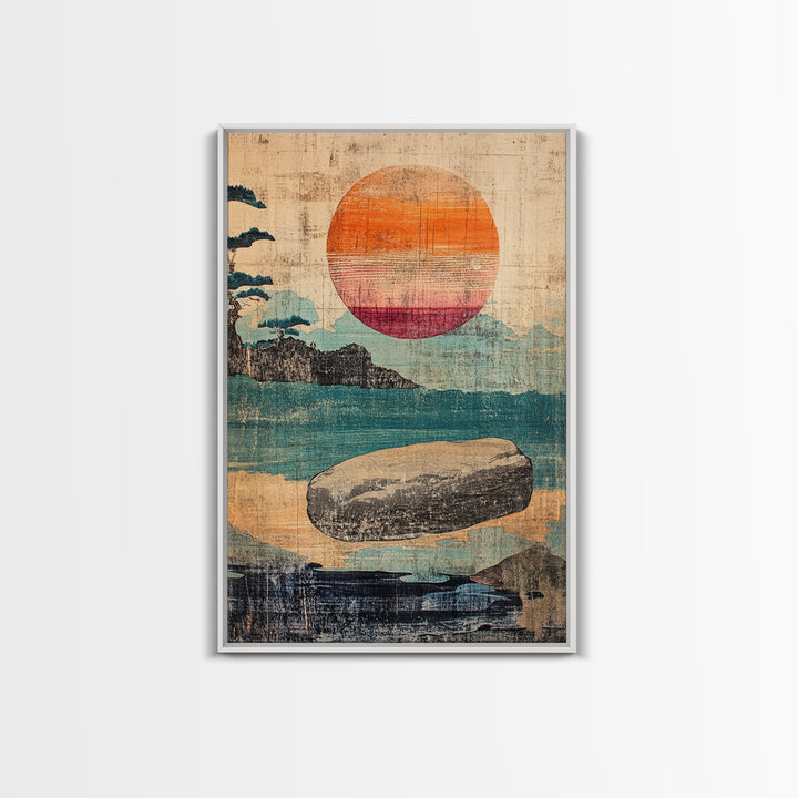 Floating Stone Over Teal Water At Sunset Canvas Print, Japandi Zen Wall Art, Minimalist Coastal Decor, Meditation Room Art