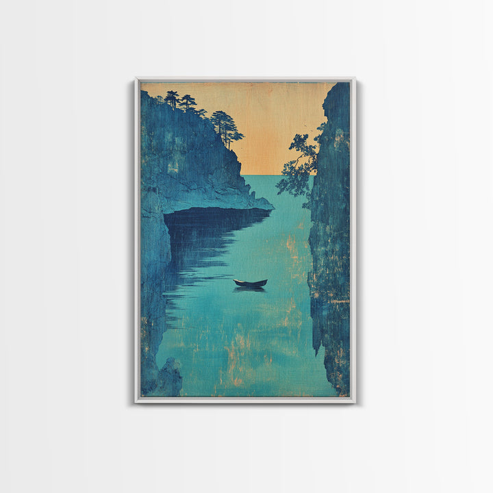 Blue Coastal Canyon Boat Wall Art, Japanese Seascape Print, Nautical Home Decor, Serene Ocean Landscape Living Room Art Print