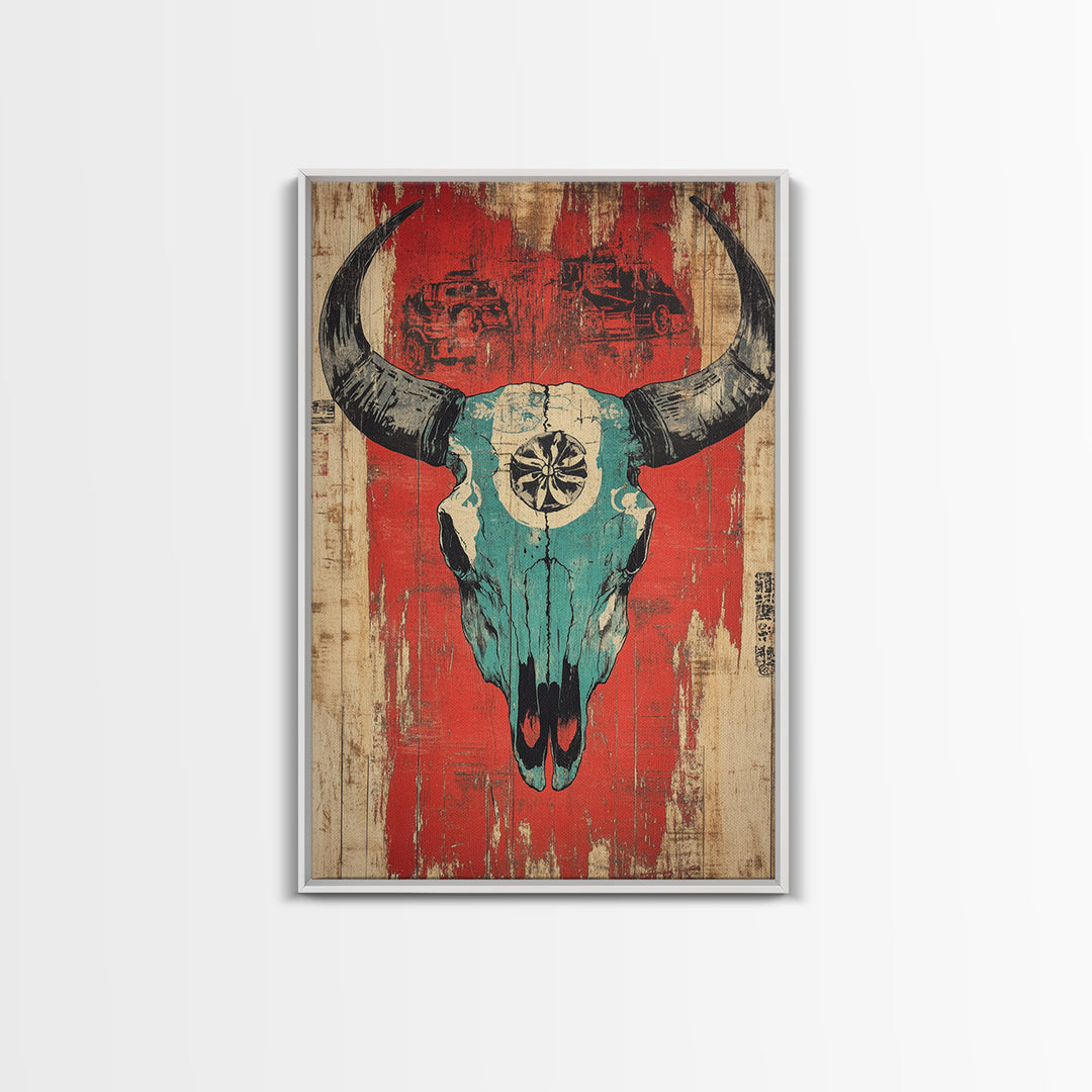 Turquoise Bull Skull On Red Rustic Wood Wall Art, Western Wall Decor, Southwestern Canvas, Tribal Home Decor For Living Room