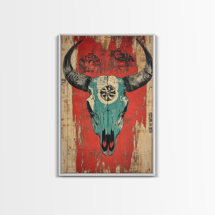 Turquoise Bull Skull On Red Rustic Wood Wall Art, Western Wall Decor, Southwestern Canvas, Tribal Home Decor For Living Room