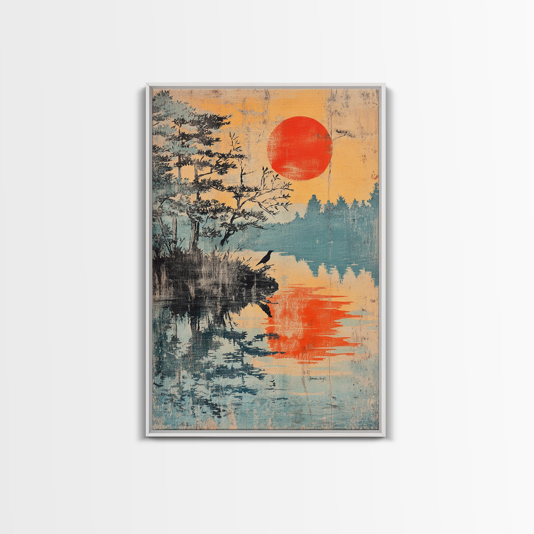 Red Sun Over Pine Lake Reflection Wall Art, Japanese Wall Decor, Japandi Landscape Print, Serene Nature Canvas For Living Room
