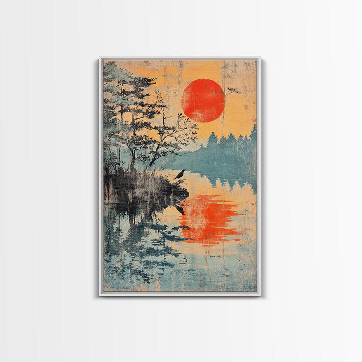 Red Sun Over Pine Lake Reflection Wall Art, Japanese Wall Decor, Japandi Landscape Print, Serene Nature Canvas For Living Room