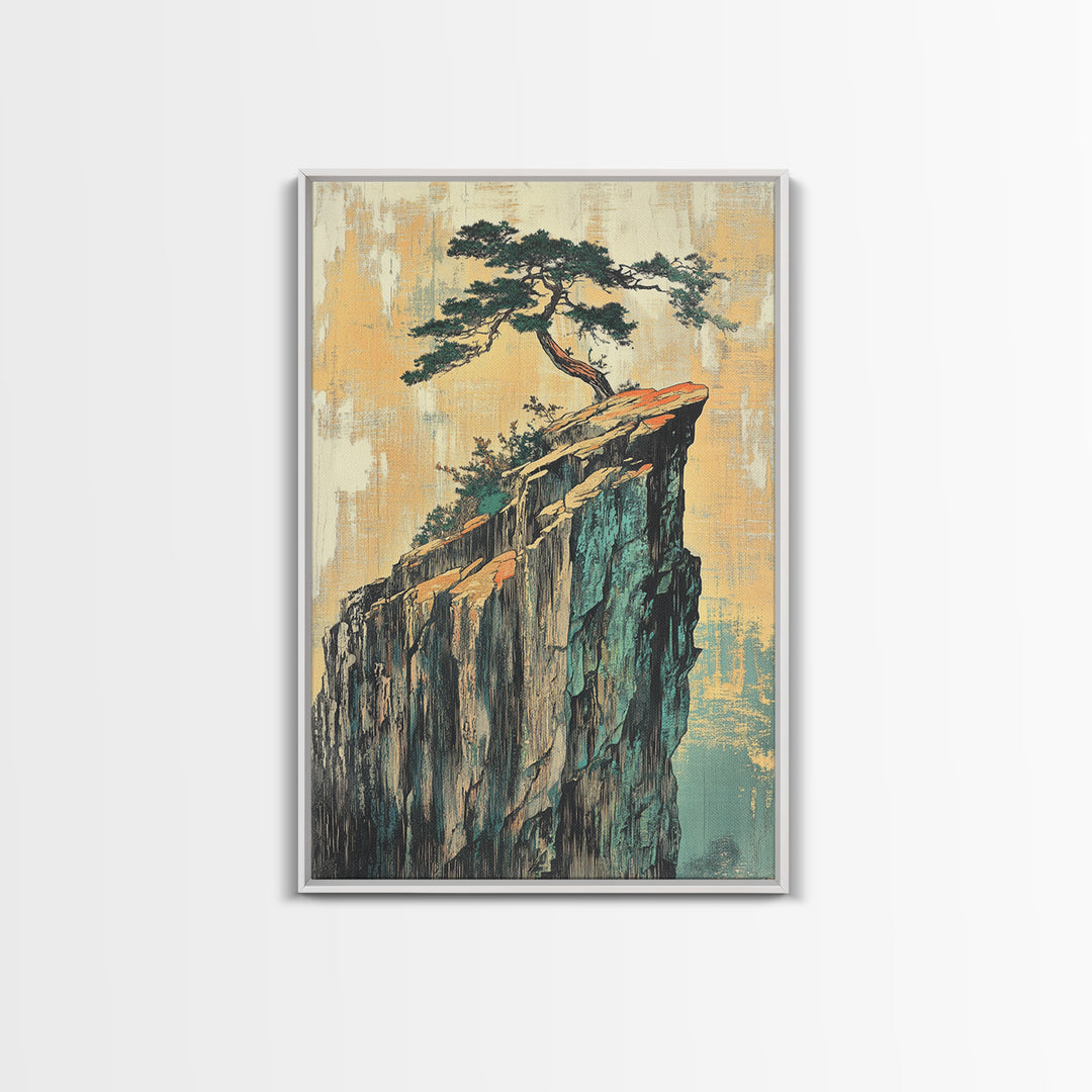 Lone Pine Tree On Sheer Cliff Wall Art, Japandi Landscape, Japanese Wall Decor, Serene Nature Canvas Print For Living Room