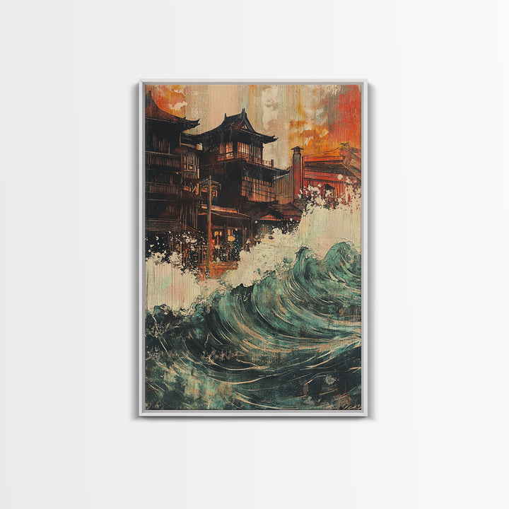 Japanese Pagoda Village With Crashing Wave Wall Art, Coastal Wall Decor, Asian Inspired Art, Dramatic Canvas Print For Living Room