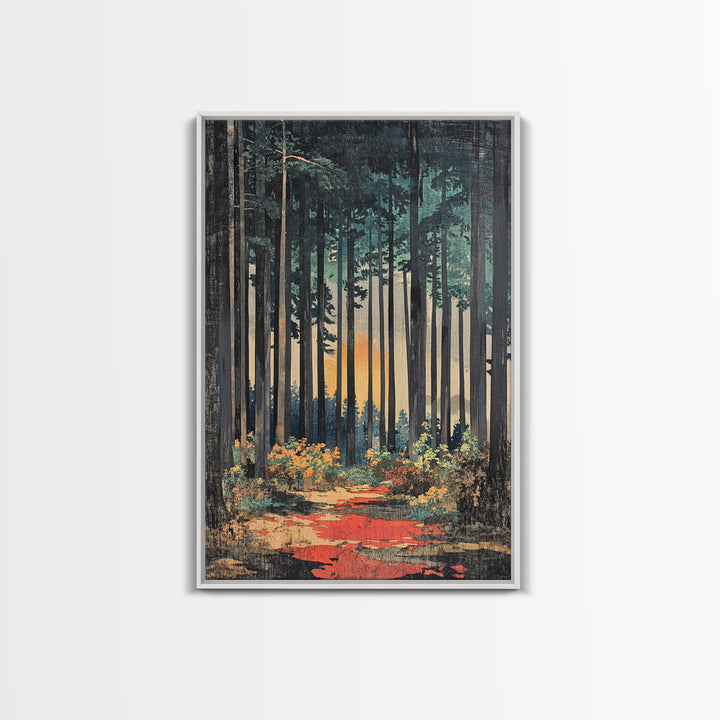 Tall Pine Forest Path At Sunset Wall Art, Nature Wall Decor, Moody Landscape Print, Woodland Canvas For Living Room Decor