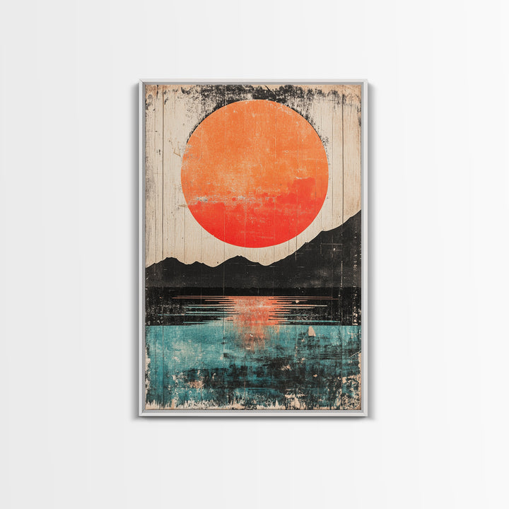 Giant Orange Sun Over Mountain Lake Wall Art, Japanese Wall Decor, Modern Landscape, Teal Canvas Print For Living Room Decor