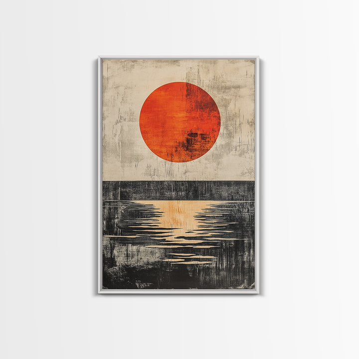 Minimal Red Sun Over Black Horizon Wall Art, Abstract Landscape Print, Japandi Wall Decor, Modern Canvas For Living Room