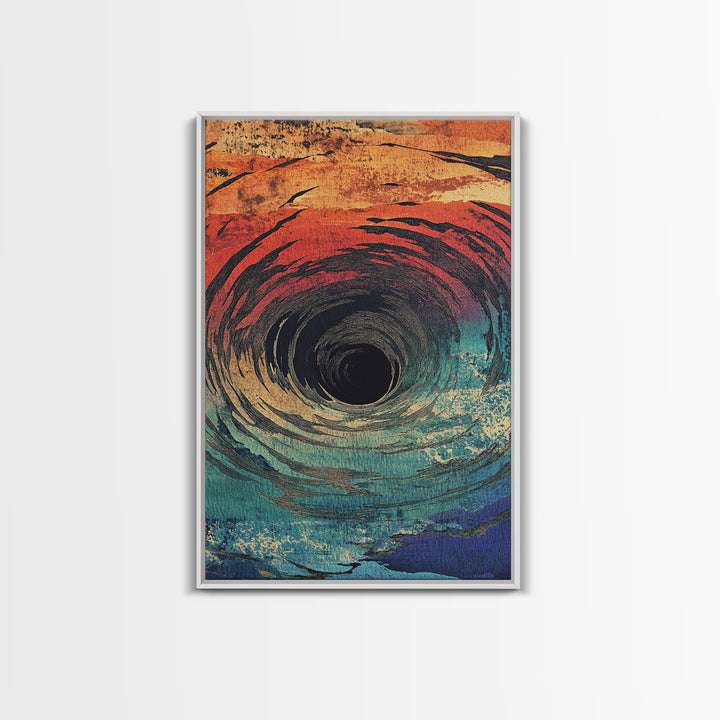 Abstract Ocean Vortex Wall Art, Teal Orange Whirlpool Print, Surreal Coastal Decor, Modern Statement Framed Canvas Print