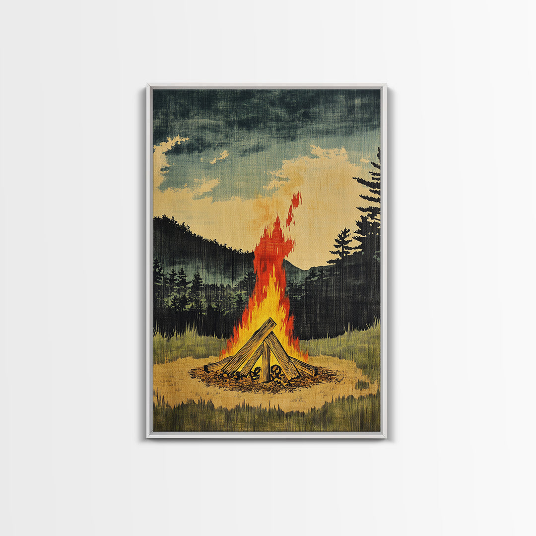 Forest Campfire At Dusk Wall Art, Rustic Cabin Landscape Canvas Print, Cozy Nature Decor For Man Cave Living Room Home Decor