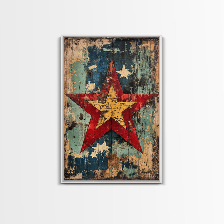 Weathered Red Star Wall Art, Rustic Americana Wood Panel Canvas Print, Patriotic Farmhouse Decor For Living Room Home Decor