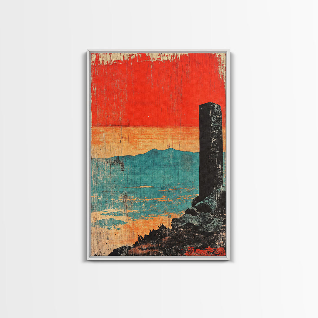 Orange Sunset Over Turquoise Sea Wall Art, Minimal Japanese Landscape Print, Coastal Zen Decor, Modern Living Room Art, Gift