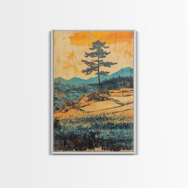 Lone Pine Above Terraced Fields Wall Art, Japanese Mountain Landscape Print, Rustic Nature Decor, Serene Farmhouse Art, Gift