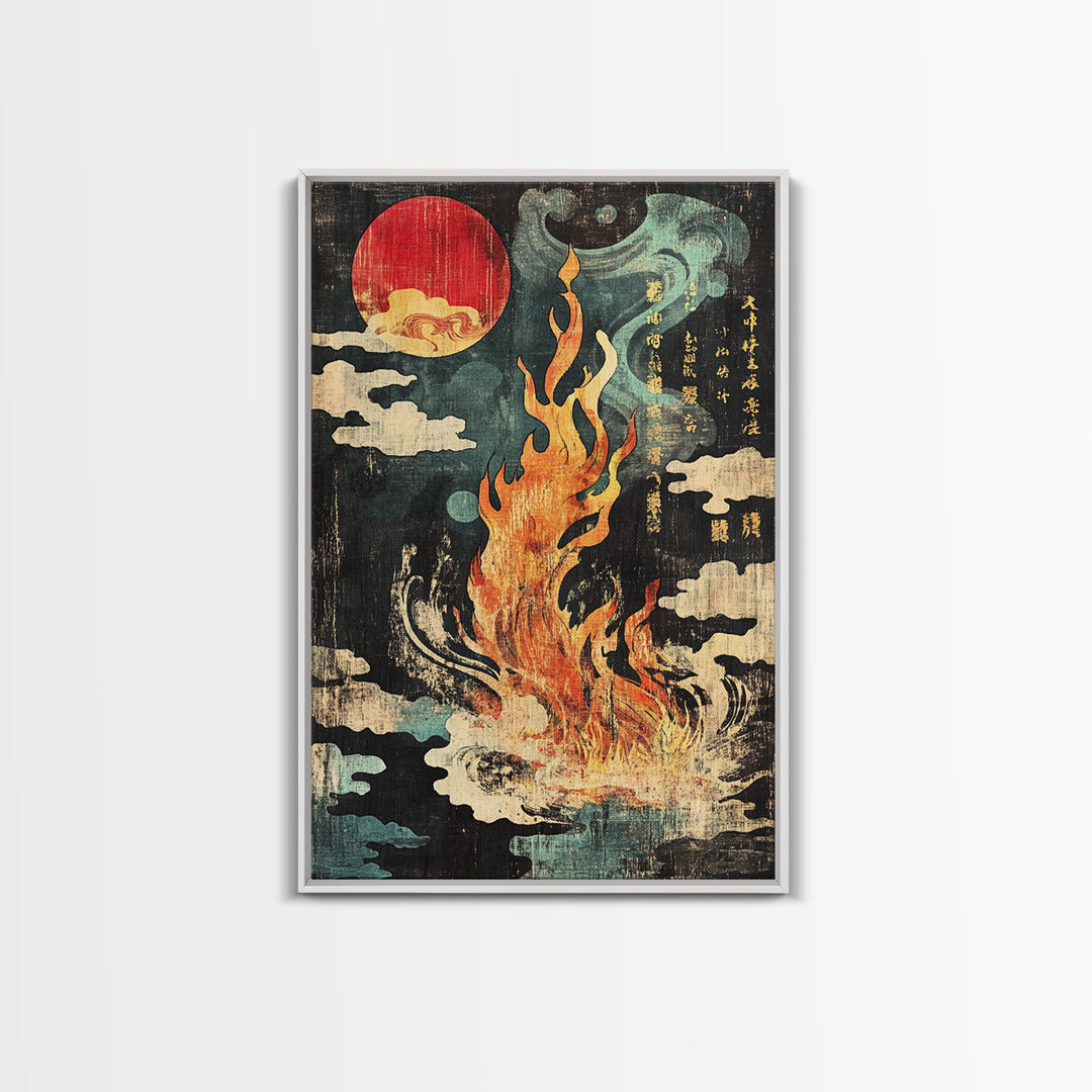 Mystic Fire Under Red Moon Canvas Print, Japanese Folklore Wall Art, Celestial Fantasy Decor, Dark Zen Statement Print, Gift