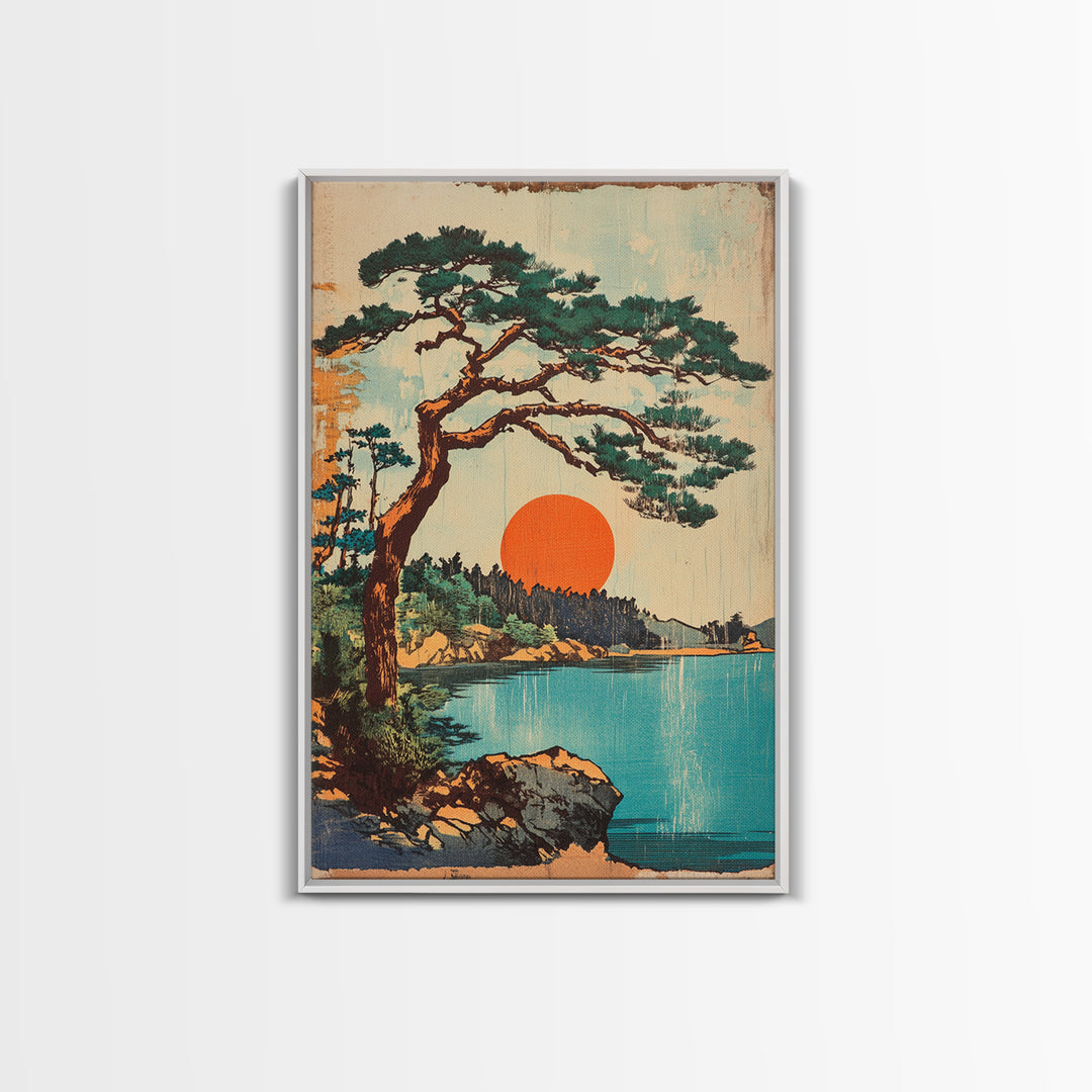 Lakeside Pine At Orange Sun Framed Canvas Print, Japanese Landscape Wall Art, Coastal Cabin Decor, Serene Nature Home Decor