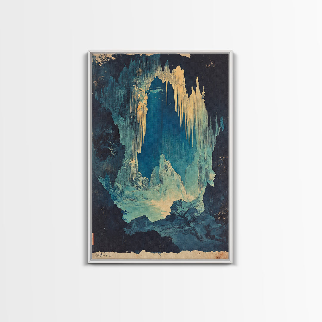 Blue Ice Cave With Glowing Cavern Lake Framed Canvas Print, Fantasy Landscape Wall Art, Moody Nature Decor, Unique Office Art