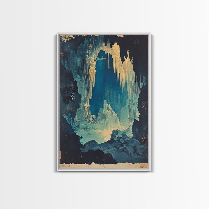 Blue Ice Cave With Glowing Cavern Lake Framed Canvas Print, Fantasy Landscape Wall Art, Moody Nature Decor, Unique Office Art