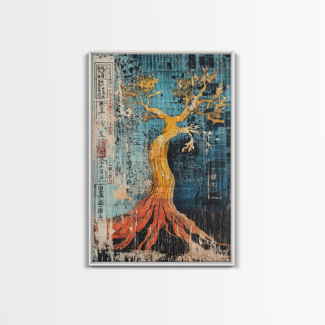 Golden Tree With Red Roots On Blue Canvas Print, Japanese Botanical Wall Art, Abstract Nature Decor, Organic Modern Home Decor