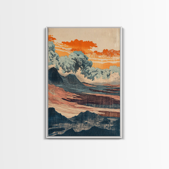 Orange Clouds Over Abstract Sea And Hills Wall Art, Japanese Landscape Print, Mid Century Modern Decor, Boho Living Room Art