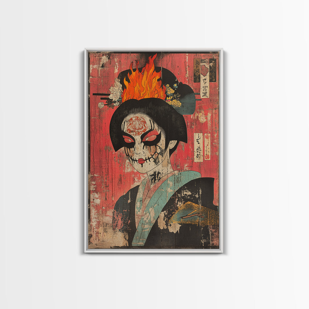 Gothic Geisha Skull With Flaming Headdress Canvas Print, Japanese Dark Wall Art, Surreal Portrait Decor, Moody Maximalist Art