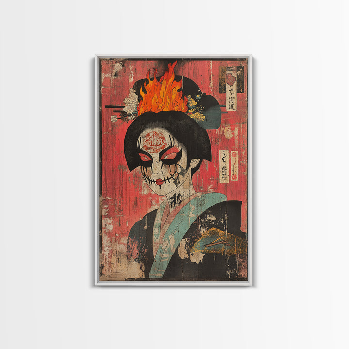 Gothic Geisha Skull With Flaming Headdress Canvas Print, Japanese Dark Wall Art, Surreal Portrait Decor, Moody Maximalist Art