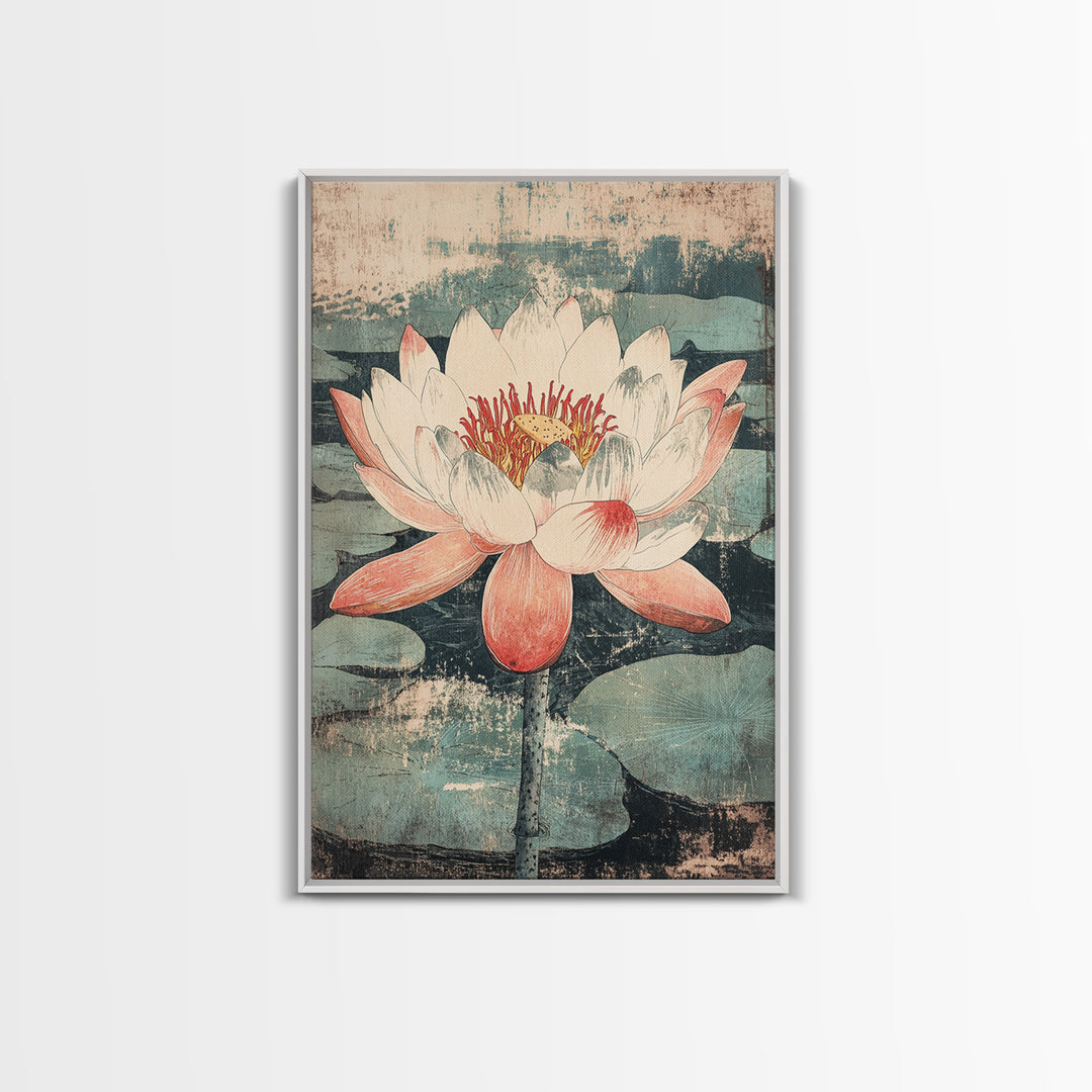 Pink Lotus Flower Botanical Wall Art, Japanese Canvas Print, Water Lily Pond Decor, Japandi Nature Art For Bedroom Decor