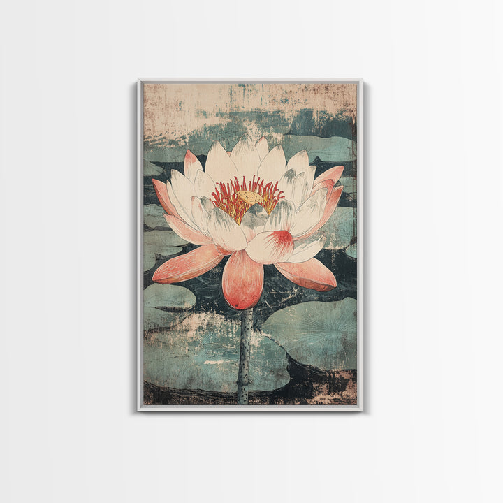 Pink Lotus Flower Botanical Wall Art, Japanese Canvas Print, Water Lily Pond Decor, Japandi Nature Art For Bedroom Decor