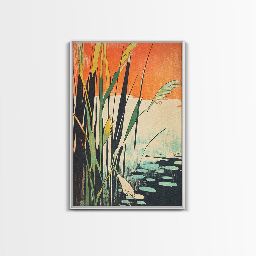 Tall Reeds Orange Sunset Canvas Print, Botanical Wall Art, Japanese Pond Landscape, Nature Decor, Serene Japandi Art Print