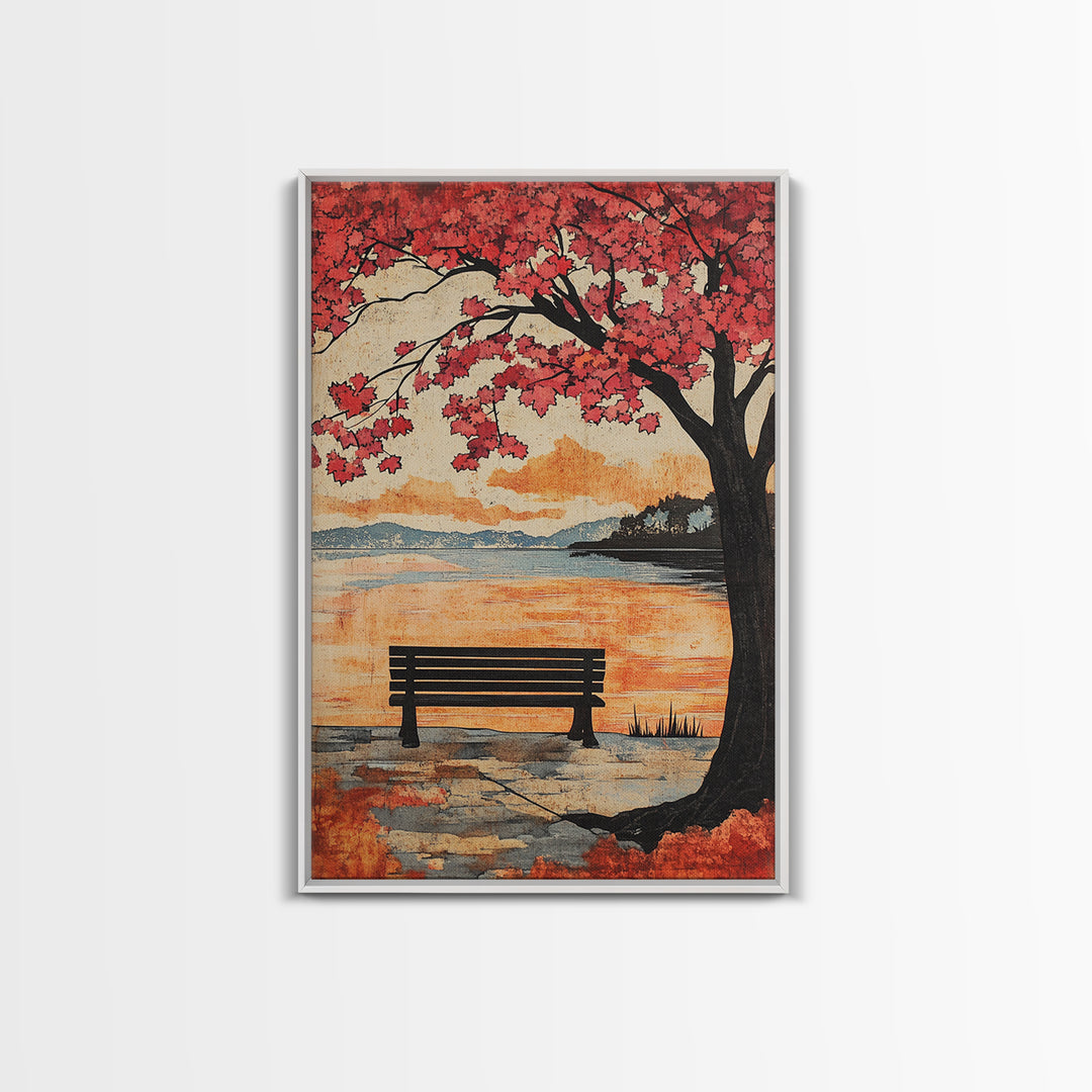 Red Maple Tree Bench By Quiet Lake Wall Art, Japanese Garden Print, Autumn Sunset Decor, Serene Living Room Wall Decor, Housewarming Gift