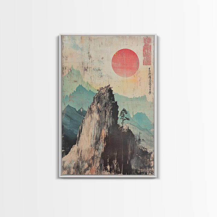 Misty Mountain Peak With Red Sun Wall Art, Japanese Landscape Print, Zen Home Decor, Calm Office Decor, Nature Wall Art Print