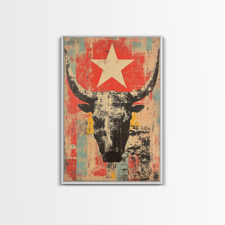 Longhorn Skull With White Star Canvas Print, Western Wall Art, Southwestern Decor, Rustic Ranch Art, Bold Living Room Decor