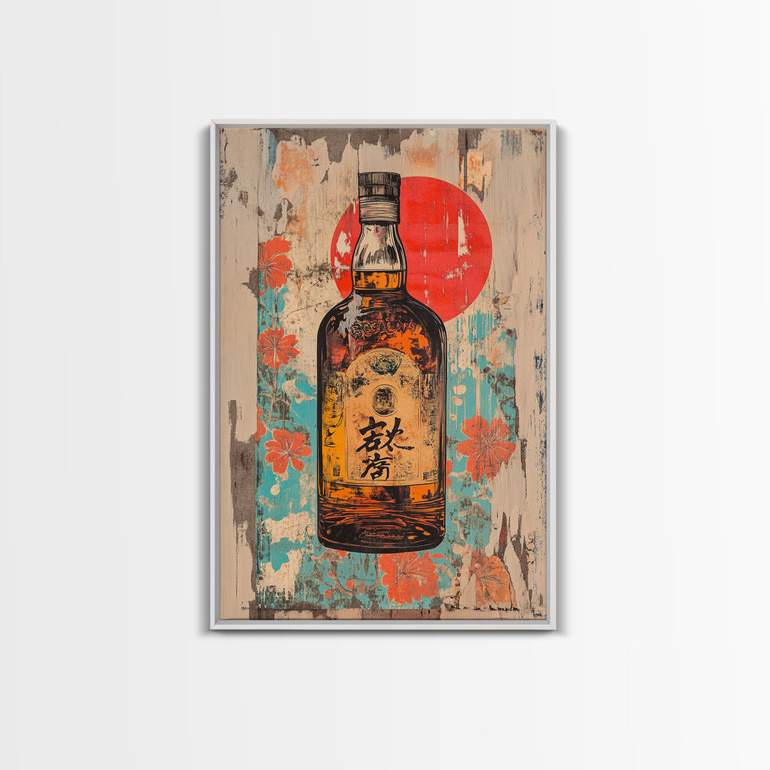 Japanese Whisky Bottle With Red Sun Canvas Print, Retro Bar Art, Floral Kitchen Decor, Home Bar Wall Decor, Gift For Him