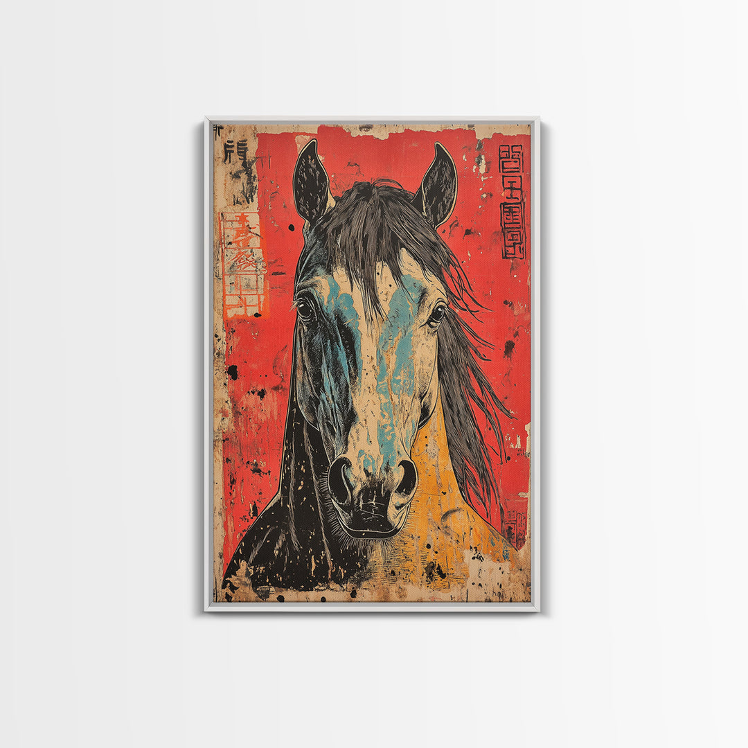 Expressive Horse Portrait On Red Canvas Print, Western Equestrian Wall Art, Rustic Ranch Decor, Horse Lover Gift, Living Room Decor