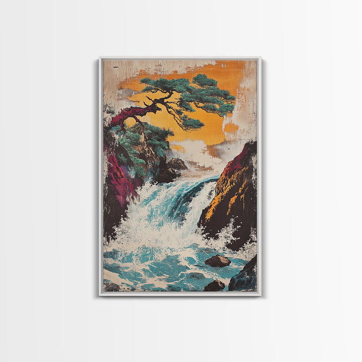 Pine Tree Waterfall Mountain Framed Canvas Print, Japanese Landscape Art, Nature Wall Decor, Serene Asian Home Decor, Living Room Art