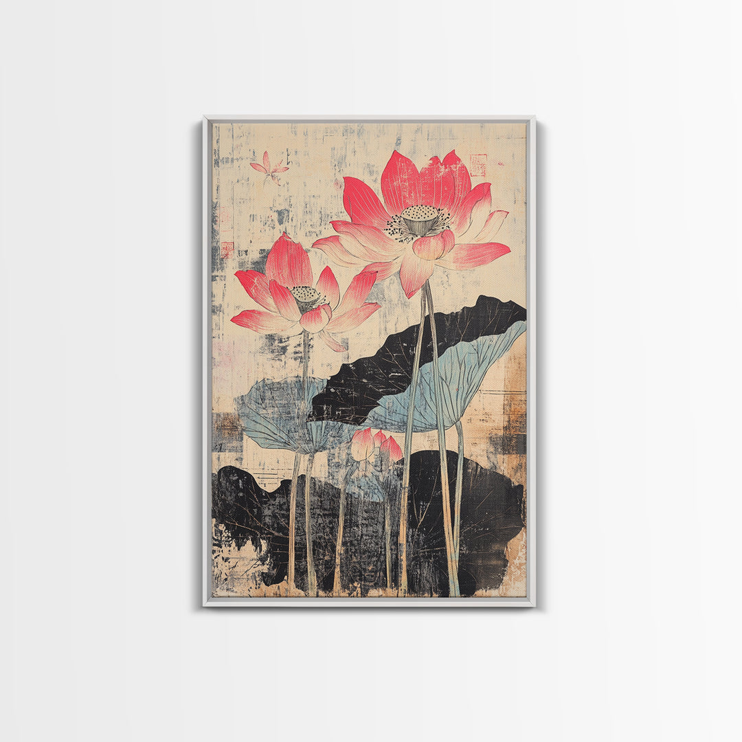Pink Lotus Flowers With Ink Leaves Wall Art, Botanical Japanese Print, Asian Inspired Decor, Feminine Bedroom Wall Decor