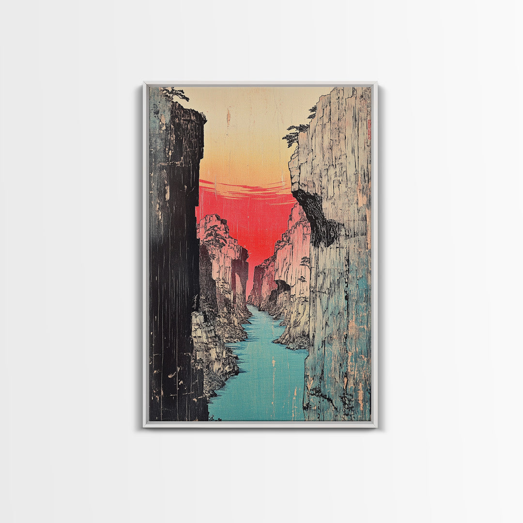 Red Sunset Canyon River Canvas Print, Japanese Gorge Landscape, Dramatic Nature Wall Decor, Asian Inspired Office Art, Home Decor