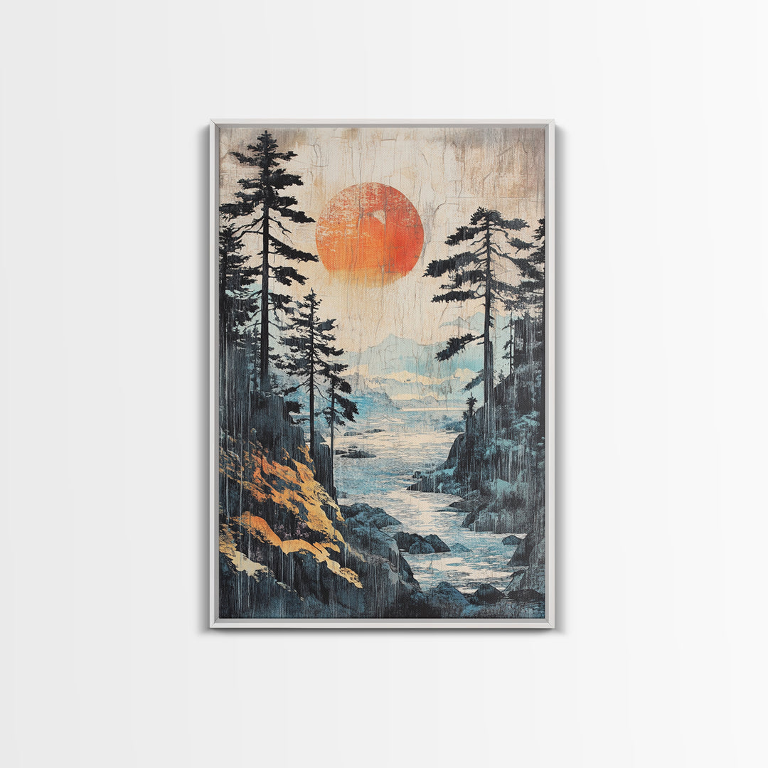 Red Sun Forest River Wall Art, Japanese Mountain Landscape Print, Nature Wall Decor, Large Framed Canvas Print For Living Room Decor