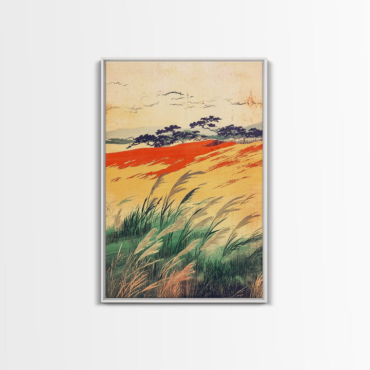 Golden Meadow Grasses And Coastal Hills Wall Art, Rustic Country Landscape Print, Farmhouse Decor, Warm Nature Canvas Print